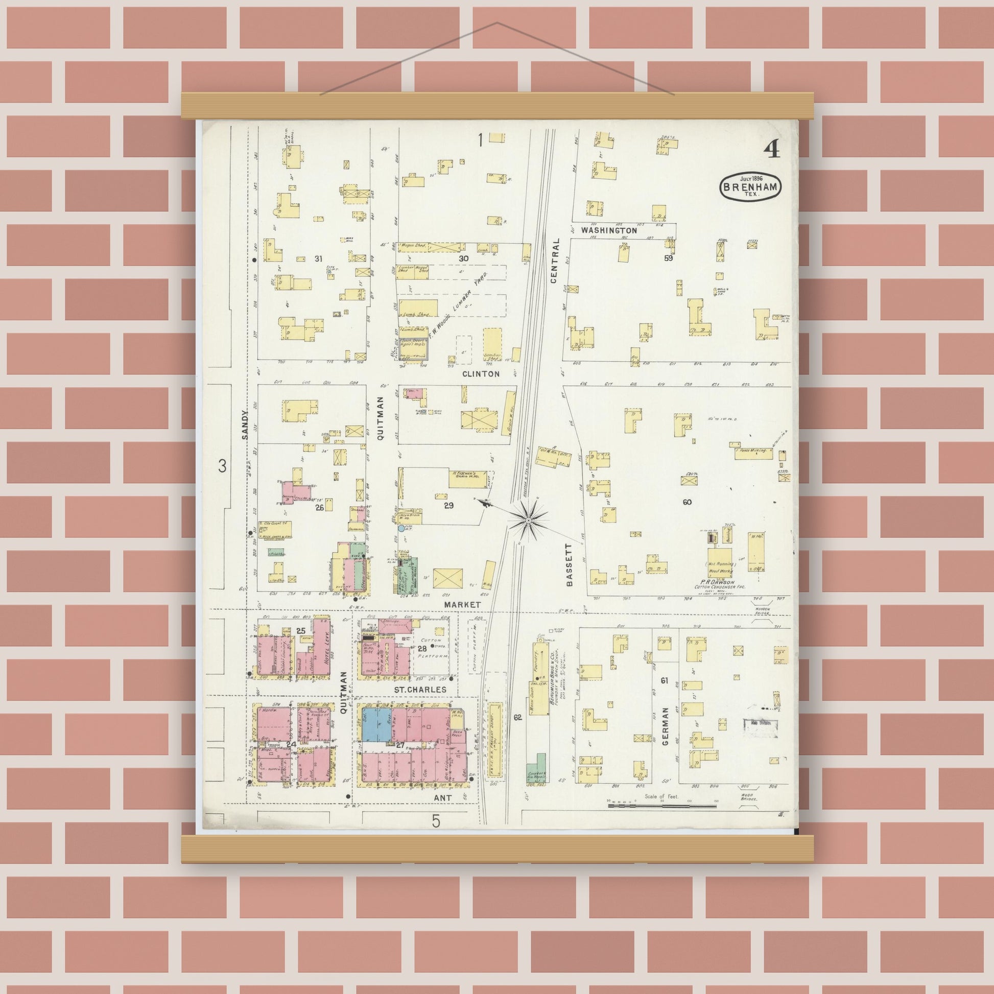 Old map wall art mockup — magnetic wood frame on brick wall — Sanborn Fire Insurance Map from Brenham, Washington County, Texas (1896), Sheet #0004