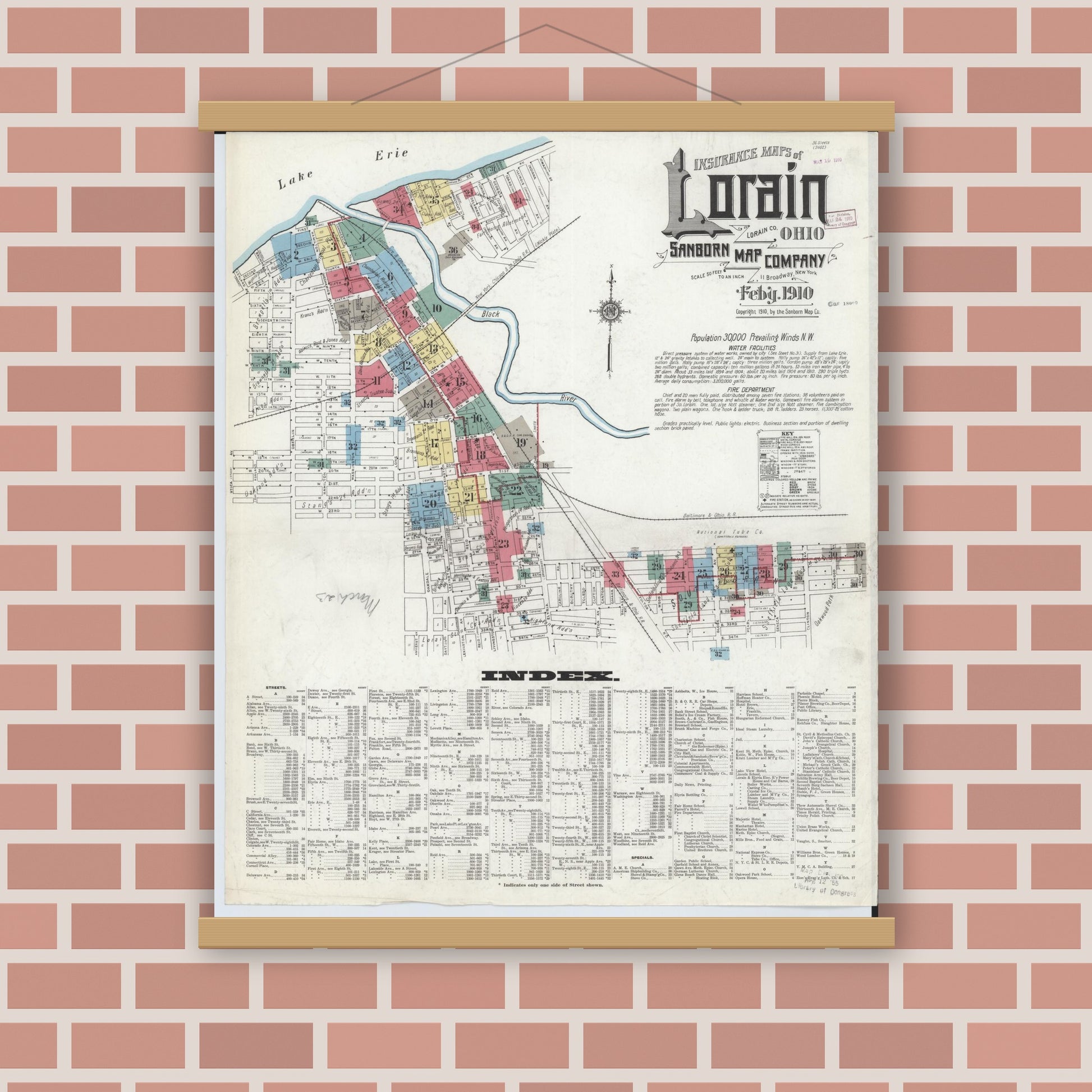 Old map wall art mockup — magnetic wood frame on brick wall — Sanborn Fire Insurance Map from Lorain, Lorain County, Ohio (1910) - Complete Map Set