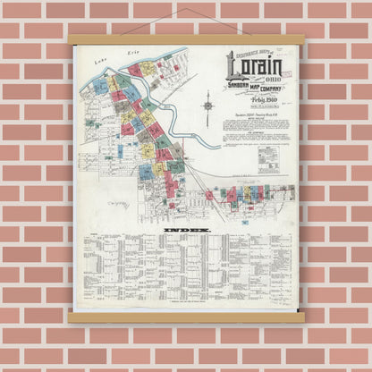 Old map wall art mockup — magnetic wood frame on brick wall — Sanborn Fire Insurance Map from Lorain, Lorain County, Ohio (1910) - Complete Map Set