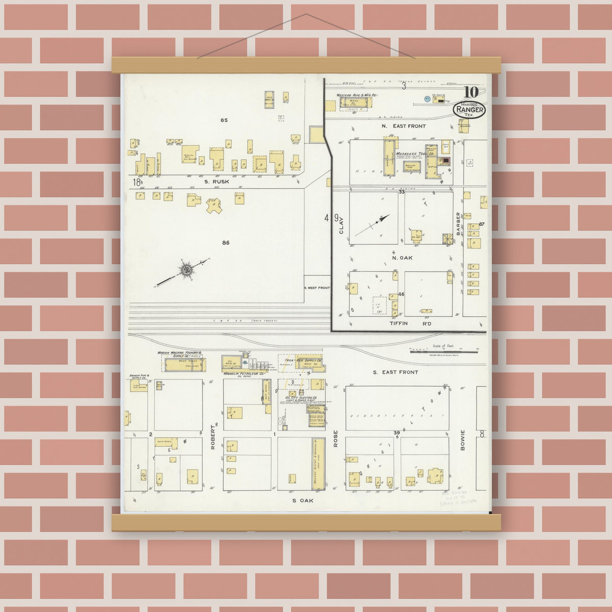 Old map wall art mockup — magnetic wood frame on brick wall — Sanborn Fire Insurance Map from Ranger, Eastland County, Texas (1920), Sheet #0010