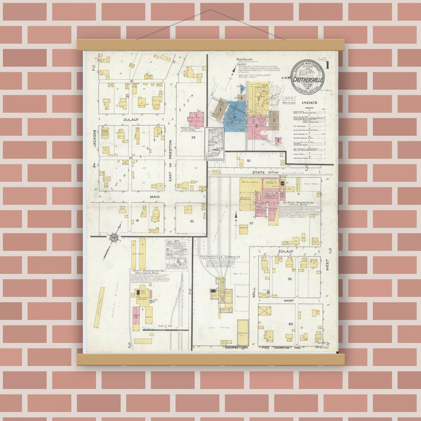 Old map wall art mockup — magnetic wood frame on brick wall — Sanborn Fire Insurance Map from Crothersville, Jackson County, Indiana (1916) - Complete Map Set