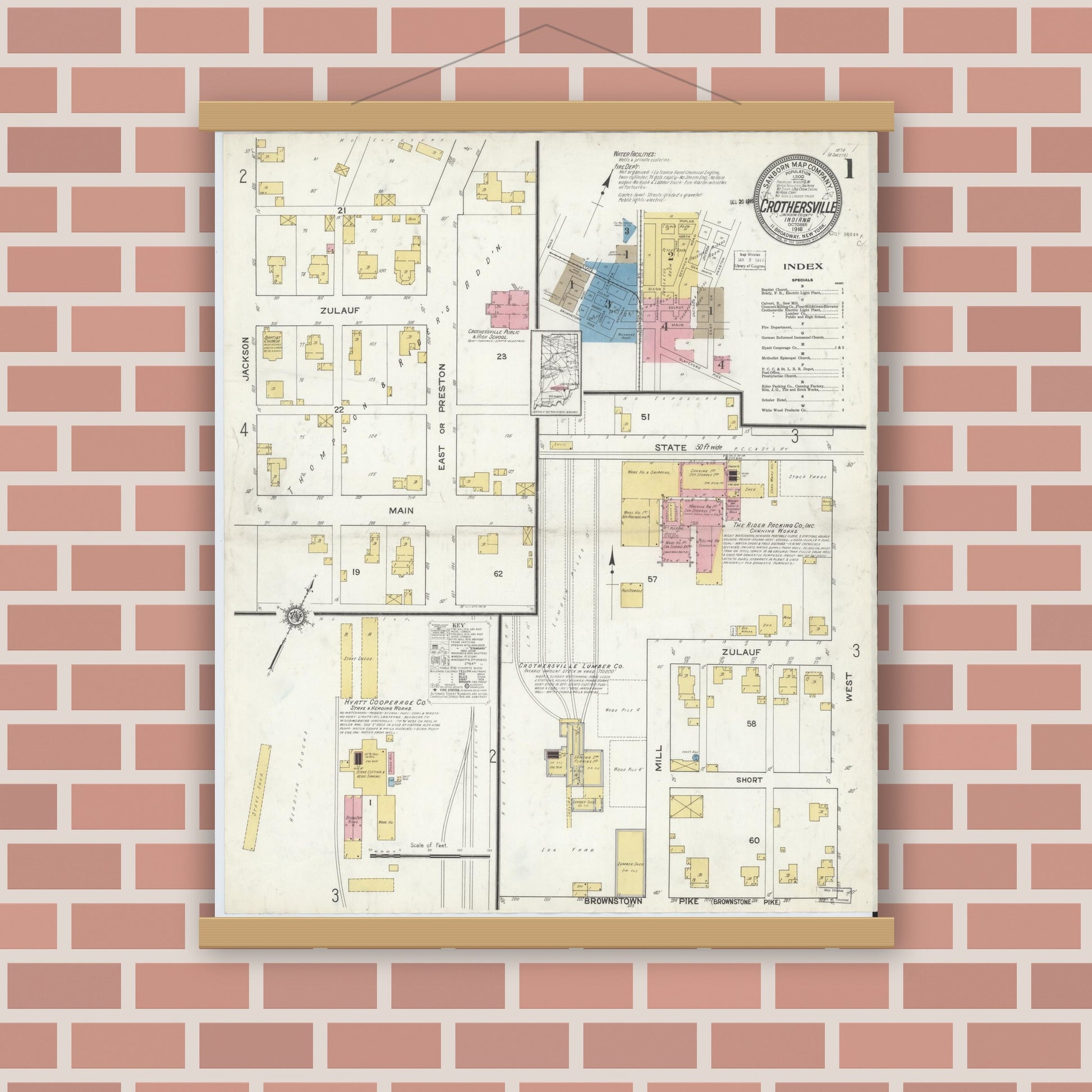Old map wall art mockup — magnetic wood frame on brick wall — Sanborn Fire Insurance Map from Crothersville, Jackson County, Indiana (1916) - Complete Map Set