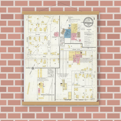 Old map wall art mockup — magnetic wood frame on brick wall — Sanborn Fire Insurance Map from Crothersville, Jackson County, Indiana (1916) - Complete Map Set