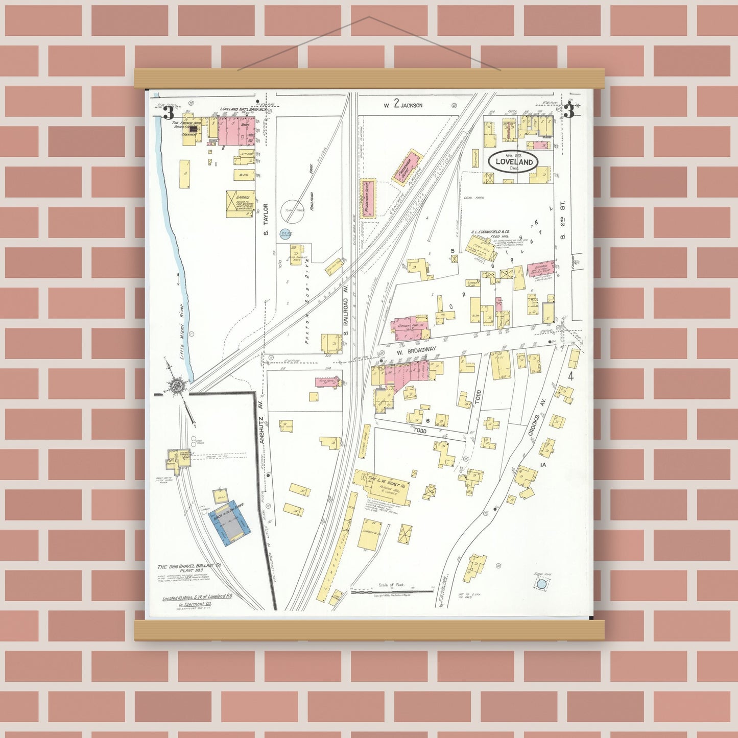 Old map wall art mockup — magnetic wood frame on brick wall — Sanborn Fire Insurance Map from Loveland, Clermont, Hamilton, And Warren County, Ohio (1923), Sheet #0003