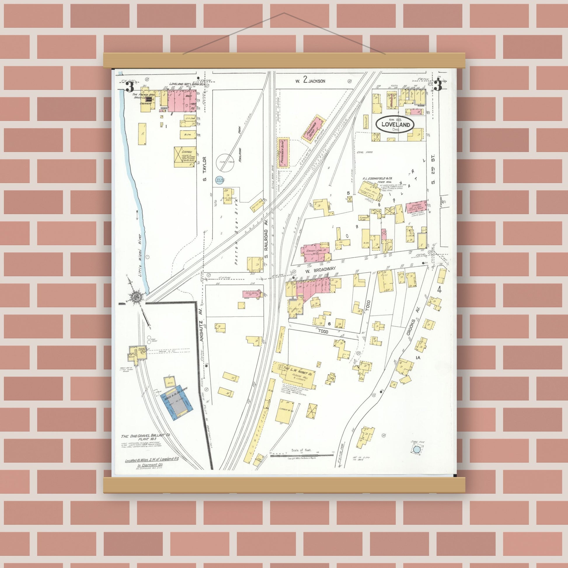 Old map wall art mockup — magnetic wood frame on brick wall — Sanborn Fire Insurance Map from Loveland, Clermont, Hamilton, And Warren County, Ohio (1923), Sheet #0003