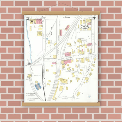Old map wall art mockup — magnetic wood frame on brick wall — Sanborn Fire Insurance Map from Loveland, Clermont, Hamilton, And Warren County, Ohio (1923), Sheet #0003