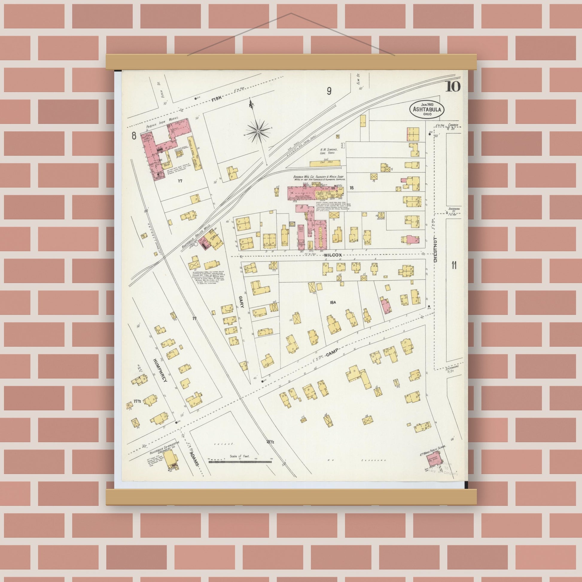 Old map wall art mockup — magnetic wood frame on brick wall — Sanborn Fire Insurance Map from Ashtabula, Ashtabula County, Ohio (1903), Sheet #0010