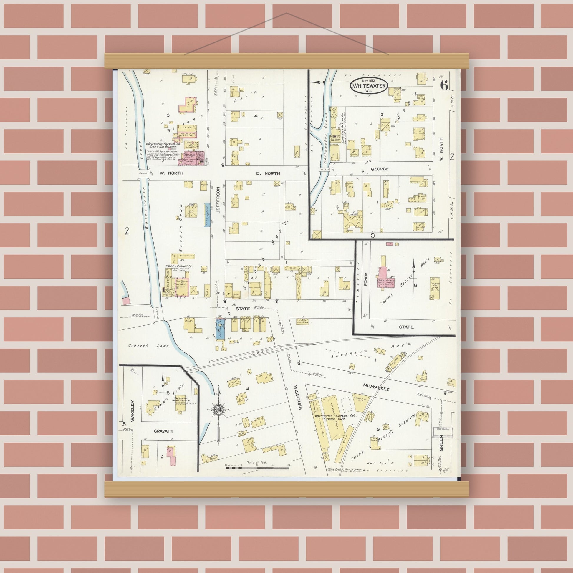 Old map wall art mockup — magnetic wood frame on brick wall — Sanborn Fire Insurance Map from Whitewater, Walworth County, Wisconsin (1912), Sheet #0006