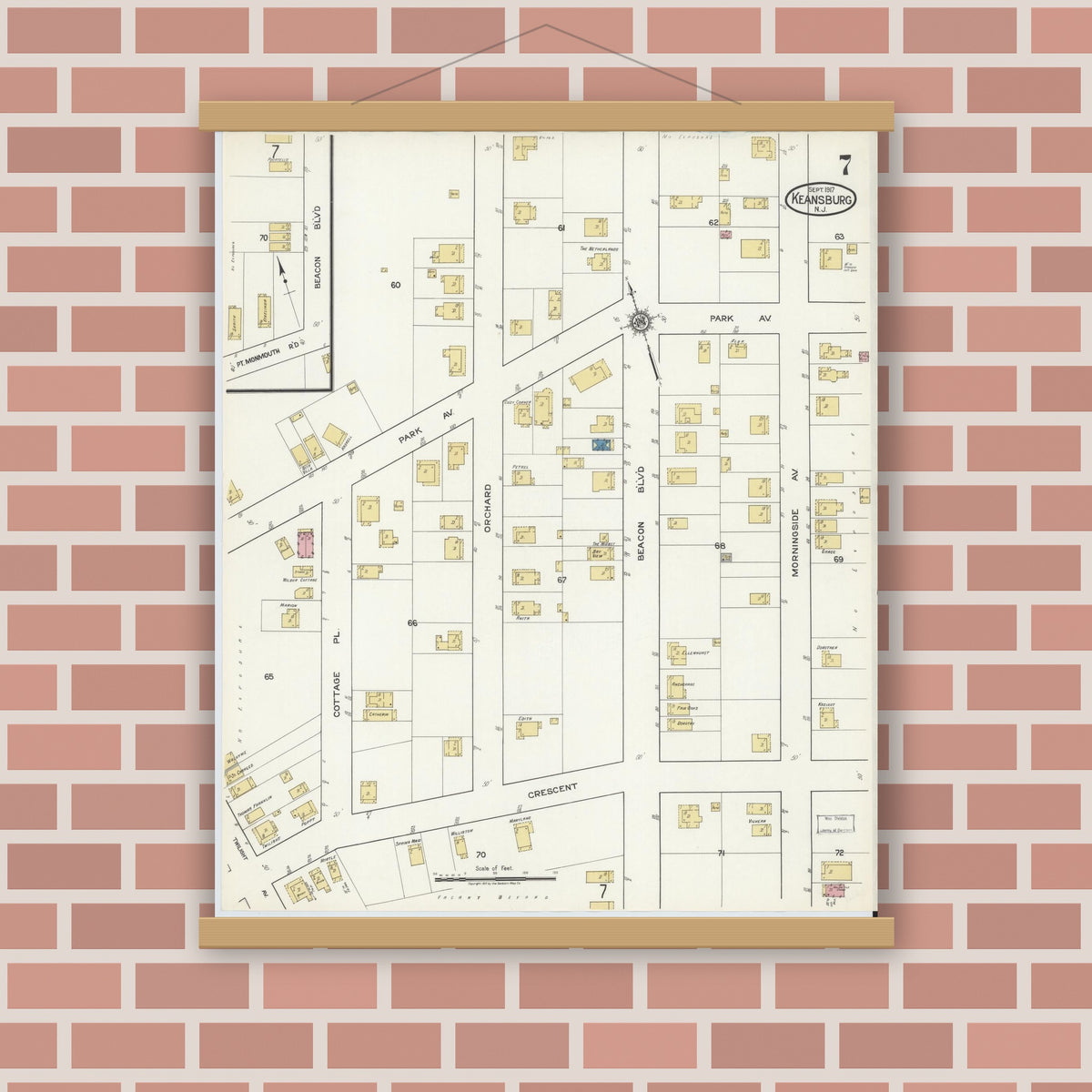 Old map wall art mockup — magnetic wood frame on brick wall — Sanborn Fire Insurance Map from Keansburg, Monmouth County, New Jersey (1917), Sheet #0007