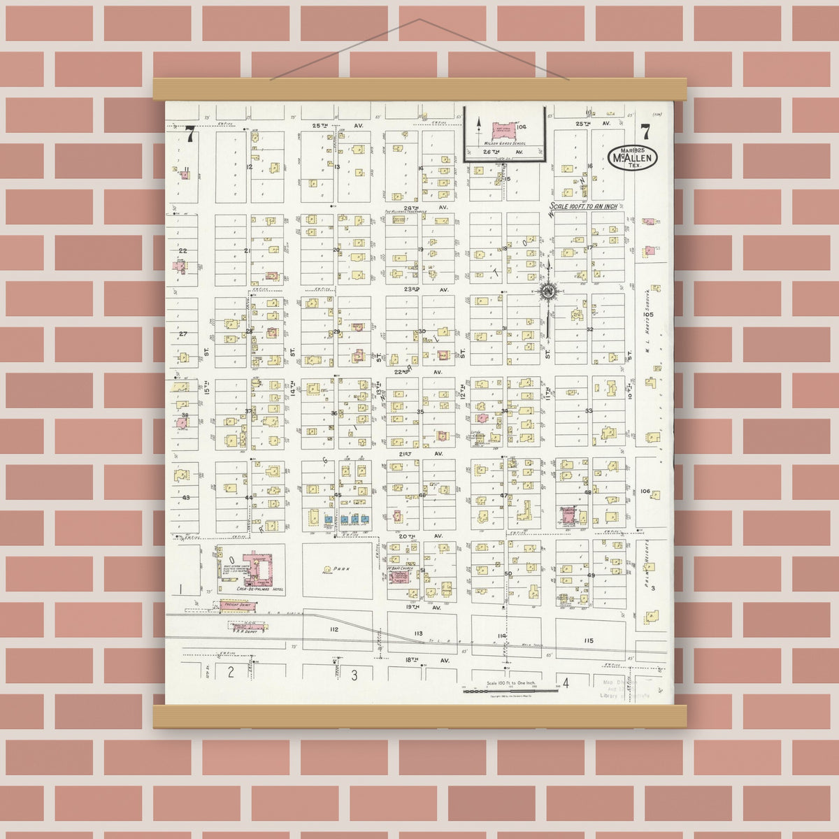 Old map wall art mockup — magnetic wood frame on brick wall — Sanborn Fire Insurance Map from McAllen, Hidalgo County, Texas (1925), Sheet #0007