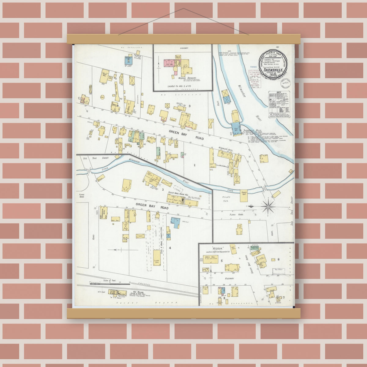 Old map wall art mockup — magnetic wood frame on brick wall — Sanborn Fire Insurance Map from Thiensville, Ozaukee County, Wisconsin (1900), Sheet #0001