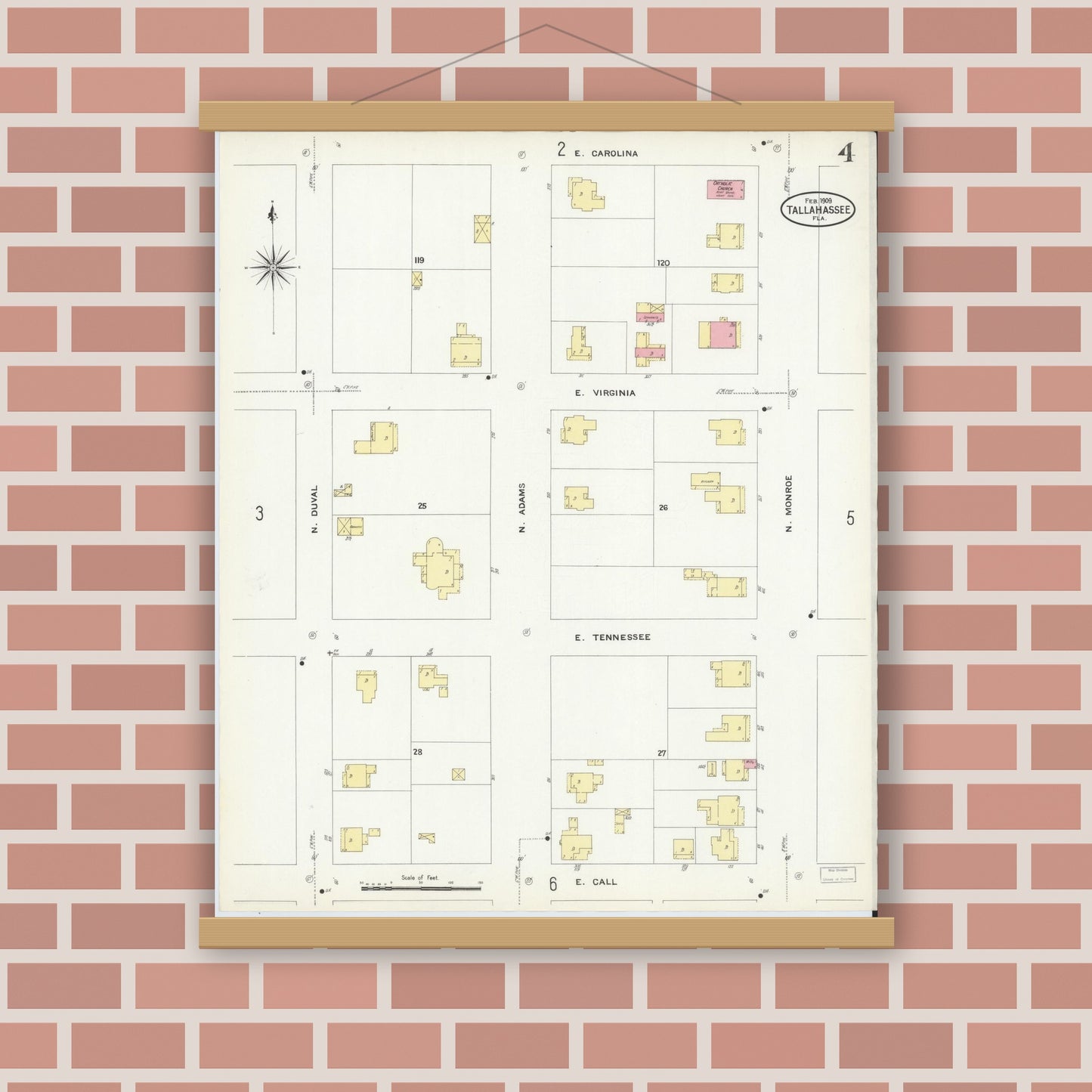 Old map wall art mockup — magnetic wood frame on brick wall — Sanborn Fire Insurance Map from Tallahassee, Leon County, Florida (1909), Sheet #0004