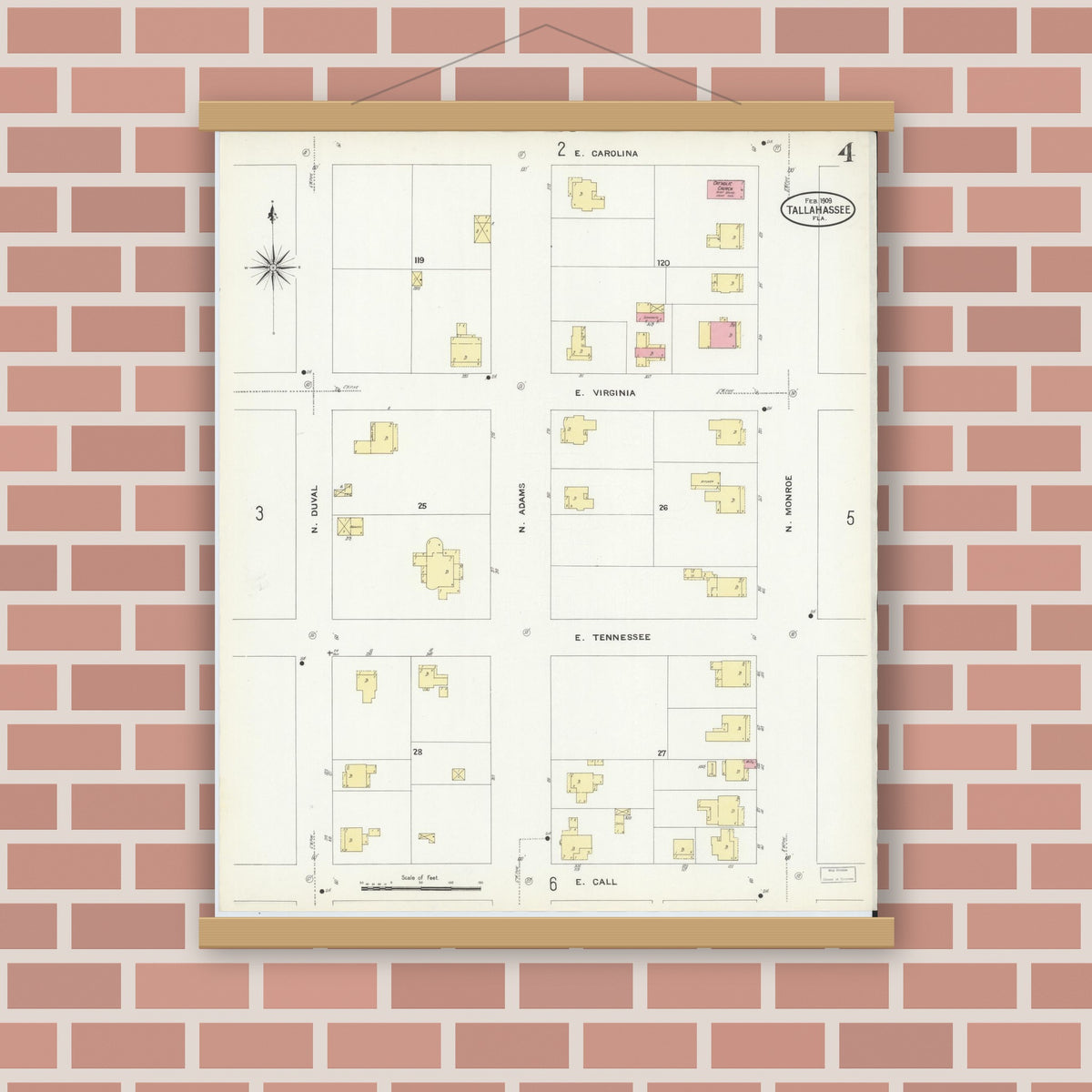Old map wall art mockup — magnetic wood frame on brick wall — Sanborn Fire Insurance Map from Tallahassee, Leon County, Florida (1909), Sheet #0004