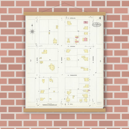 Old map wall art mockup — magnetic wood frame on brick wall — Sanborn Fire Insurance Map from Tallahassee, Leon County, Florida (1909), Sheet #0004