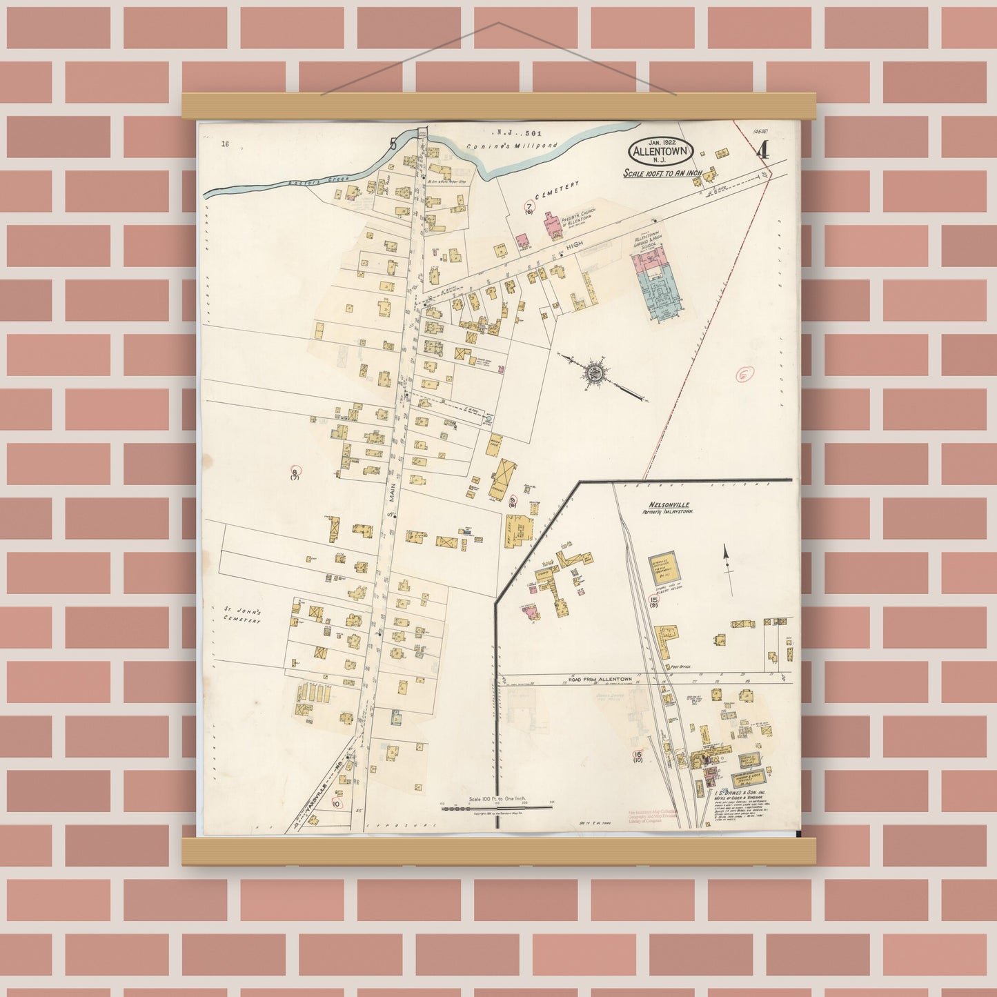 Old map wall art mockup — magnetic wood frame on brick wall — Sanborn Fire Insurance Map from Allentown, Monmouth County, New Jersey (1940), Sheet #0004