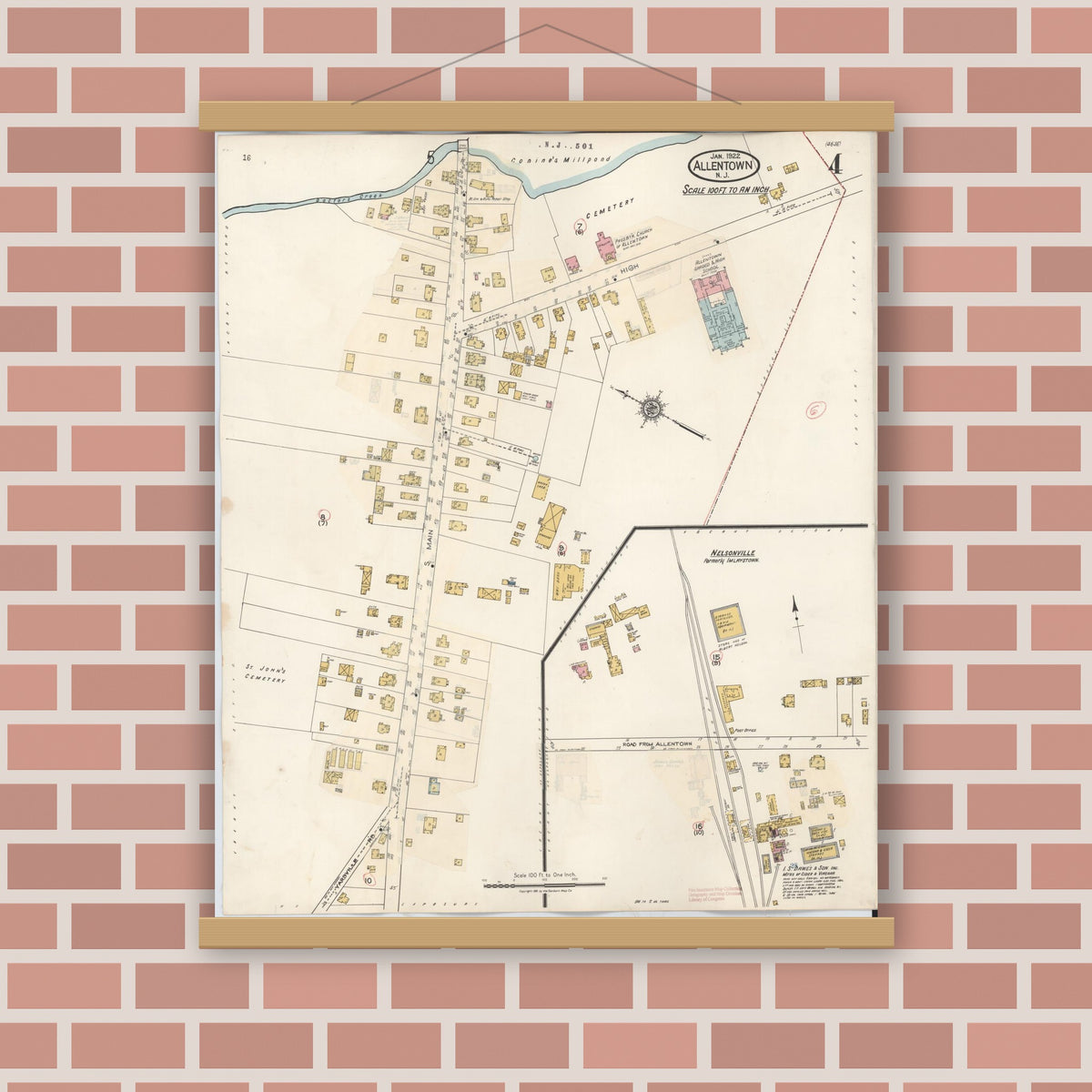 Old map wall art mockup — magnetic wood frame on brick wall — Sanborn Fire Insurance Map from Allentown, Monmouth County, New Jersey (1940), Sheet #0004