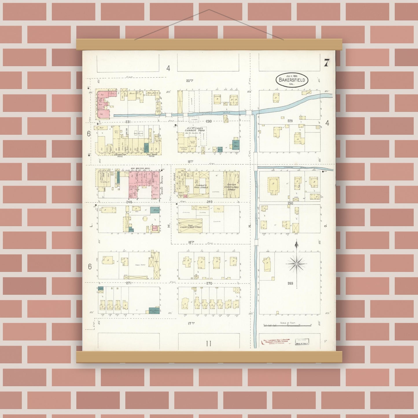 Old map wall art mockup — magnetic wood frame on brick wall — Sanborn Fire Insurance Map from Bakersfield, Kern County, California (1899), Sheet #0007