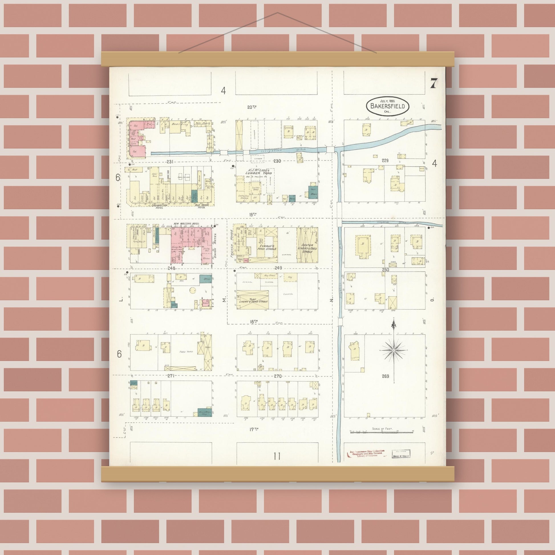 Old map wall art mockup — magnetic wood frame on brick wall — Sanborn Fire Insurance Map from Bakersfield, Kern County, California (1899), Sheet #0007