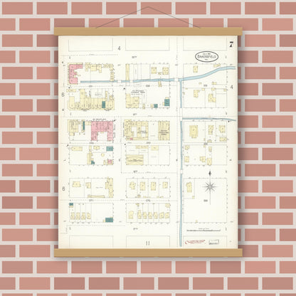 Old map wall art mockup — magnetic wood frame on brick wall — Sanborn Fire Insurance Map from Bakersfield, Kern County, California (1899), Sheet #0007
