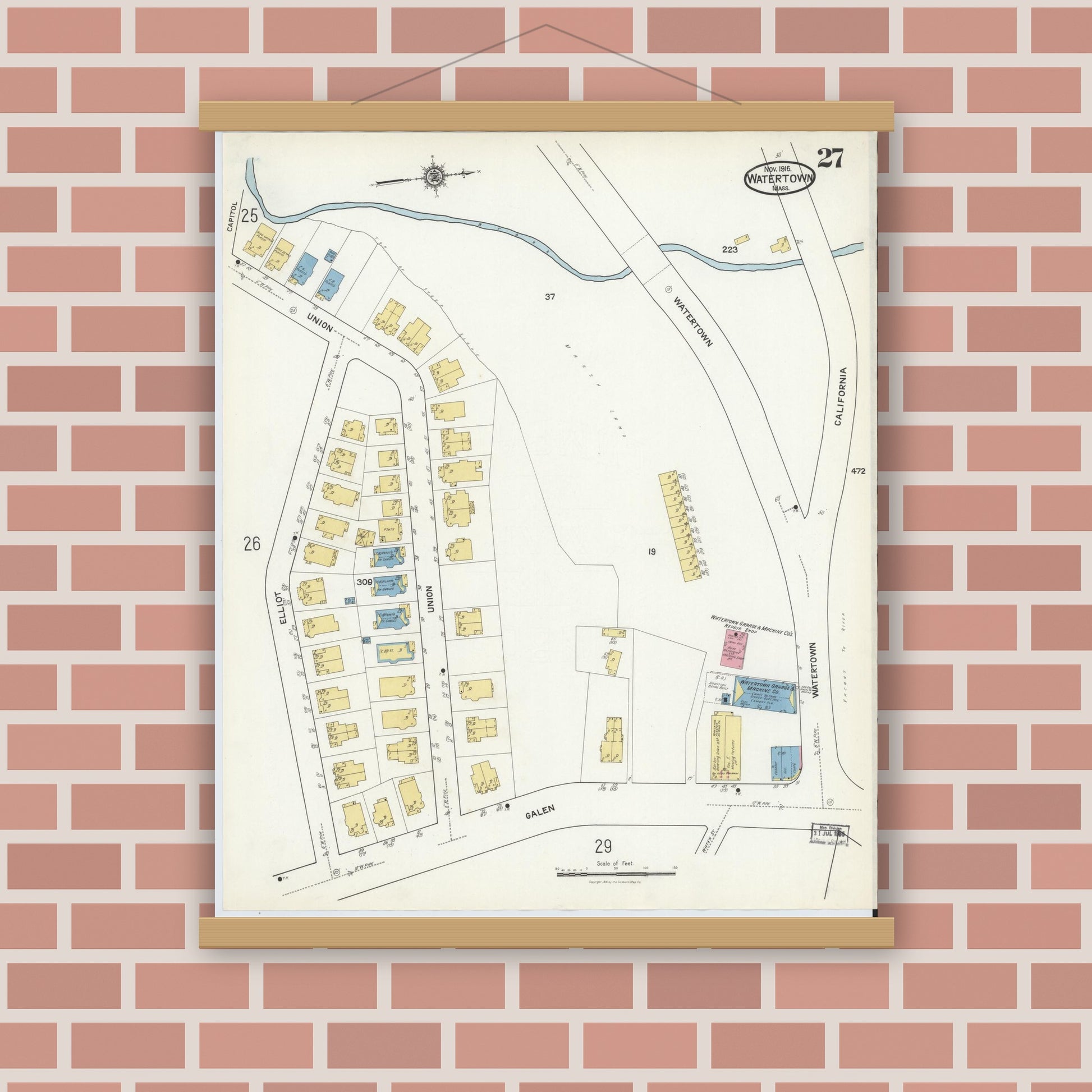 Old map wall art mockup — magnetic wood frame on brick wall — Sanborn Fire Insurance Map from Watertown, Middlesex County, Massachusetts (1916), Sheet #0027