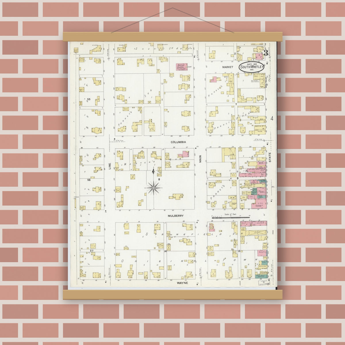 Old map wall art mockup — magnetic wood frame on brick wall — Sanborn Fire Insurance Map from South Whitley, Whitley County, Indiana (1907), Sheet #0003