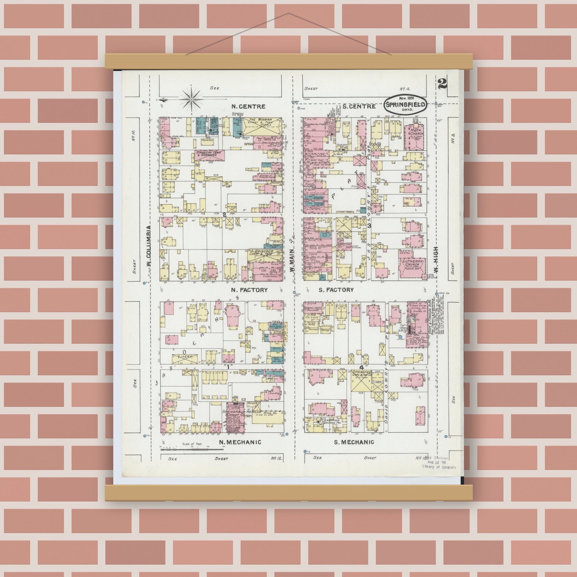 Old map wall art mockup — magnetic wood frame on brick wall — Sanborn Fire Insurance Map from Springfield, Clark County, Ohio (1891), Sheet #0002