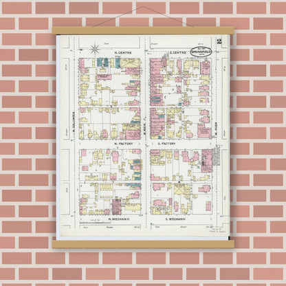 Old map wall art mockup — magnetic wood frame on brick wall — Sanborn Fire Insurance Map from Springfield, Clark County, Ohio (1891), Sheet #0002