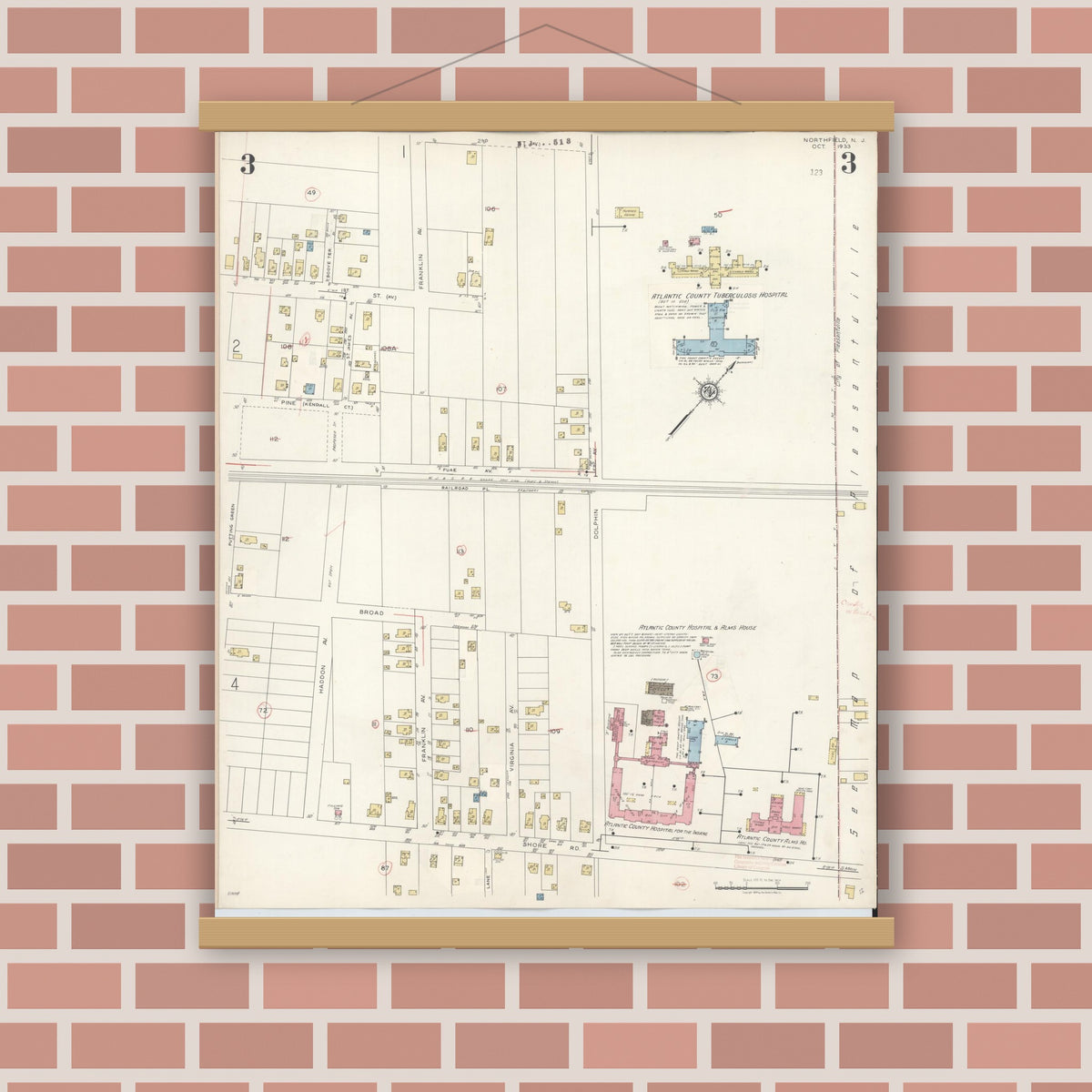 Old map wall art mockup — magnetic wood frame on brick wall — Sanborn Fire Insurance Map from Northfield, Atlantic County, New Jersey (1942), Sheet #0003