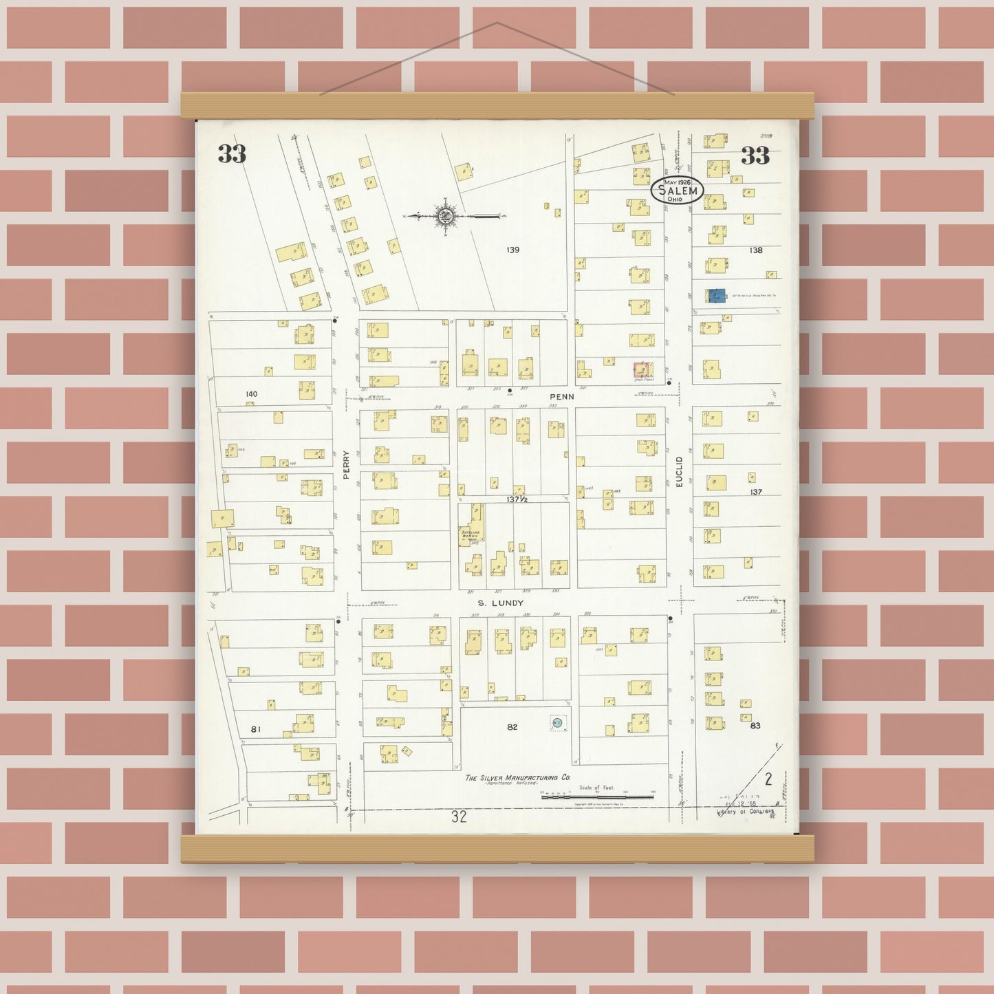 Old map wall art mockup — magnetic wood frame on brick wall — Sanborn Fire Insurance Map from Salem, Columbiana County, Ohio (1926), Sheet #0033