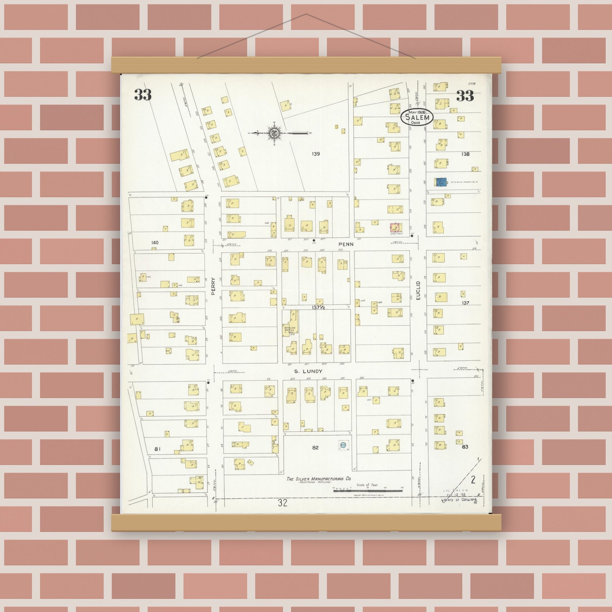 Old map wall art mockup — magnetic wood frame on brick wall — Sanborn Fire Insurance Map from Salem, Columbiana County, Ohio (1926), Sheet #0033