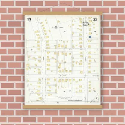 Old map wall art mockup — magnetic wood frame on brick wall — Sanborn Fire Insurance Map from Salem, Columbiana County, Ohio (1926), Sheet #0033