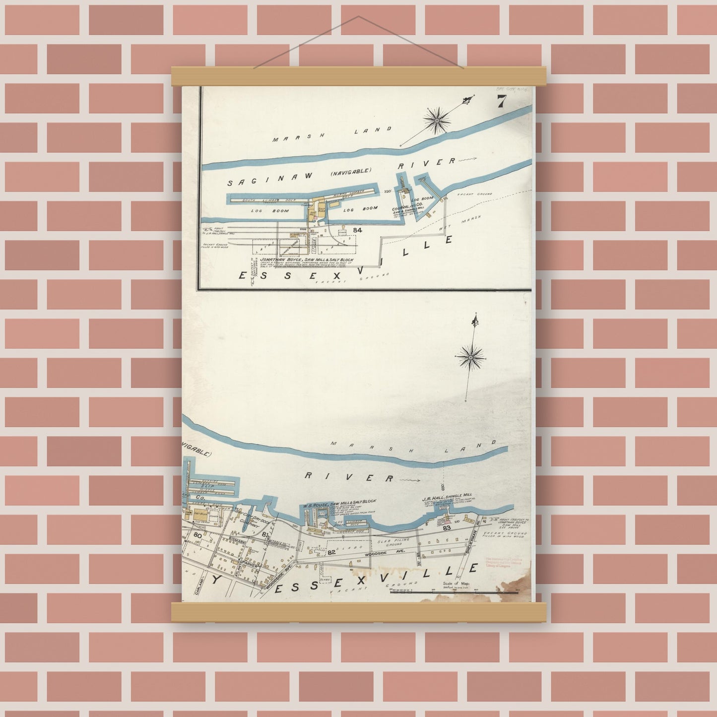 Old map wall art mockup — magnetic wood frame on brick wall — Sanborn Fire Insurance Map from Bay City, Bay County, Michigan (1895), Sheet #0007