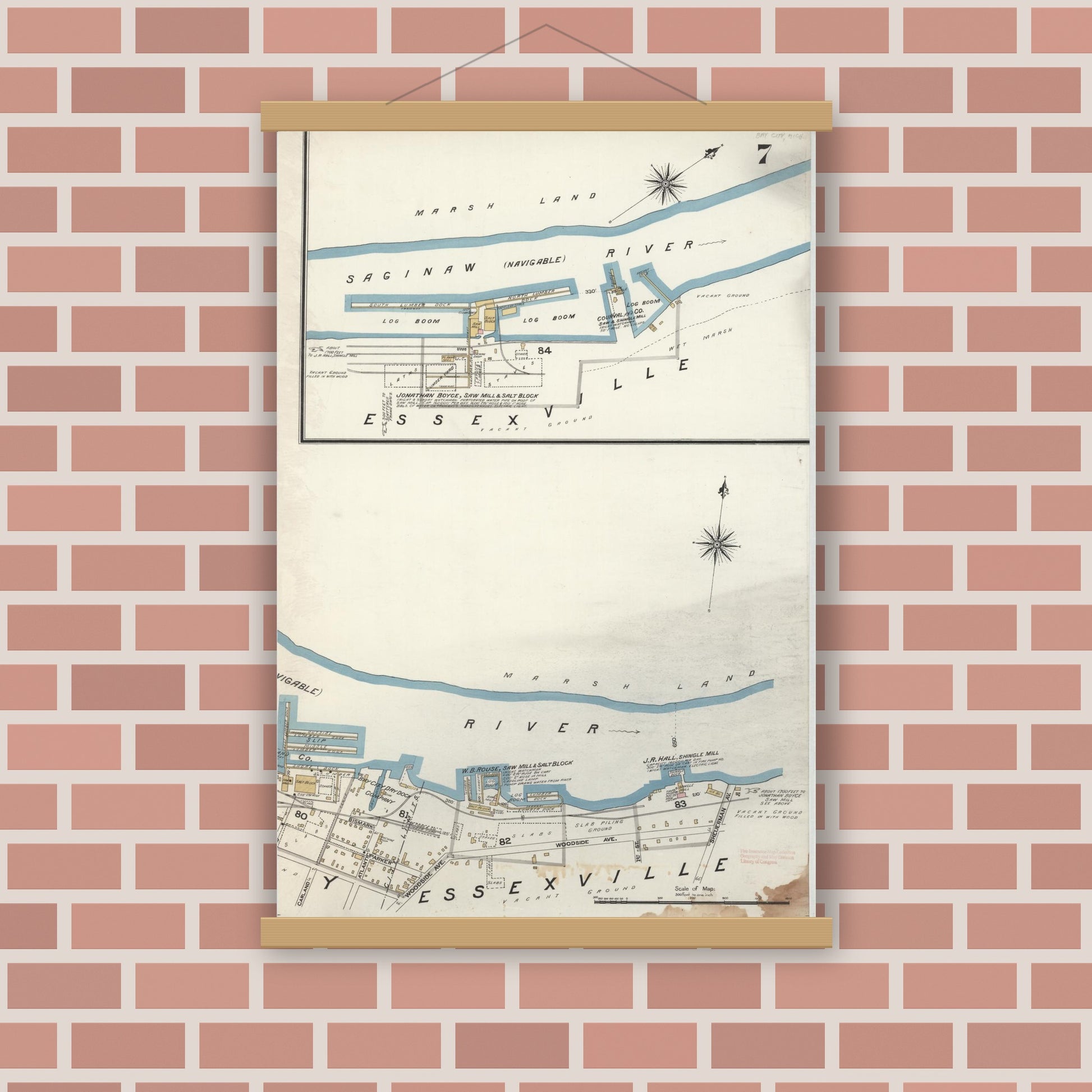 Old map wall art mockup — magnetic wood frame on brick wall — Sanborn Fire Insurance Map from Bay City, Bay County, Michigan (1895), Sheet #0007