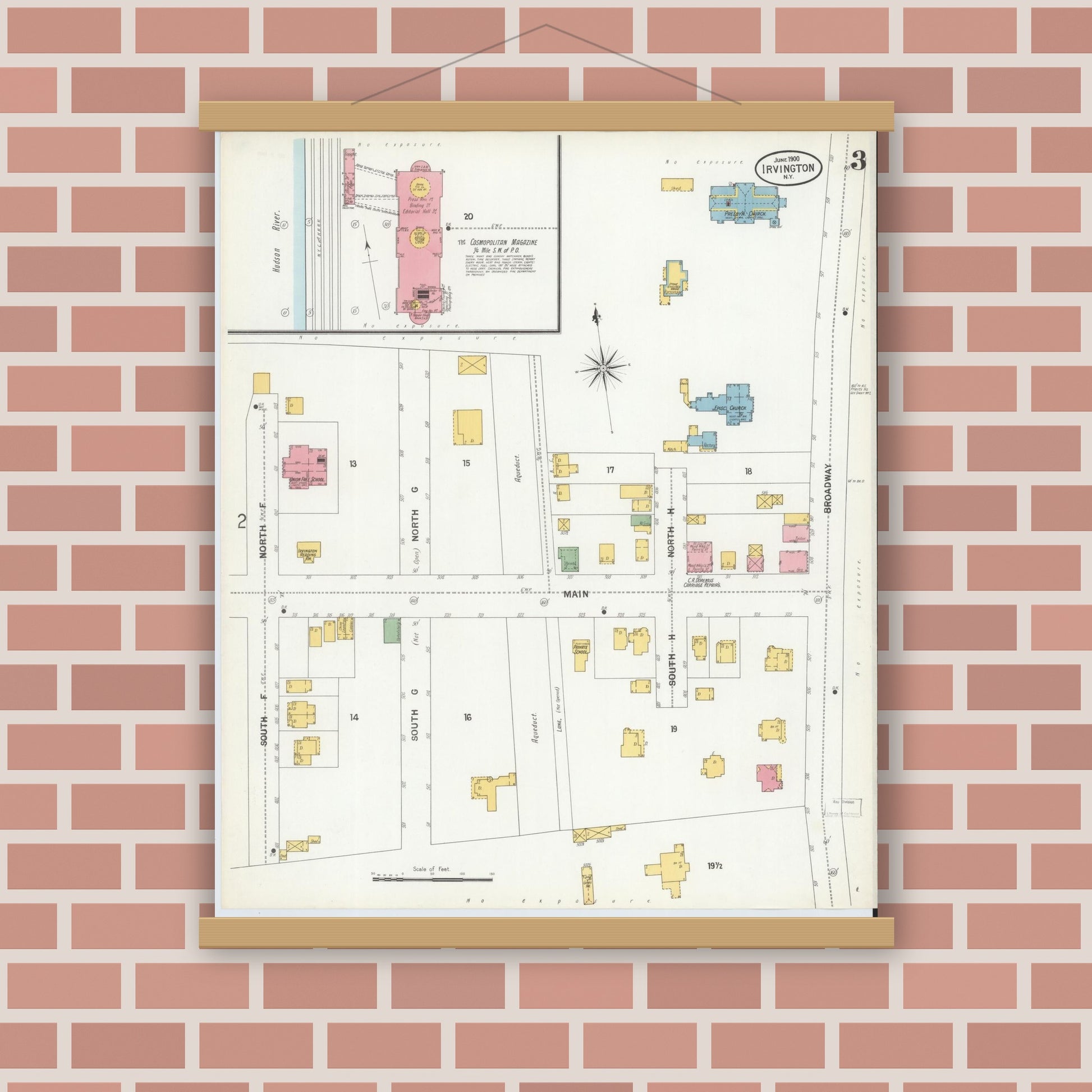 Old map wall art mockup — magnetic wood frame on brick wall — Sanborn Fire Insurance Map from Irvington, Westchester County, New York (1900), Sheet #0003