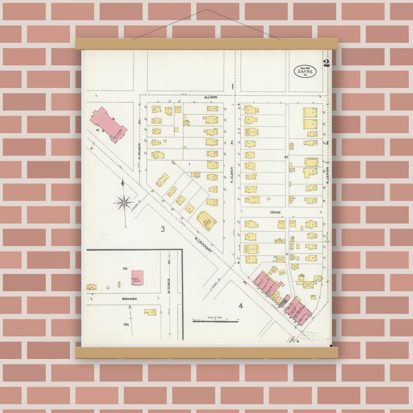 Old map wall art mockup — magnetic wood frame on brick wall — Sanborn Fire Insurance Map from Sayre, Bradford County, Pennsylvania (1903), Sheet #0002