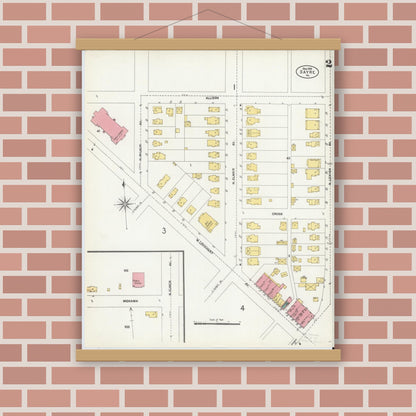 Old map wall art mockup — magnetic wood frame on brick wall — Sanborn Fire Insurance Map from Sayre, Bradford County, Pennsylvania (1903), Sheet #0002