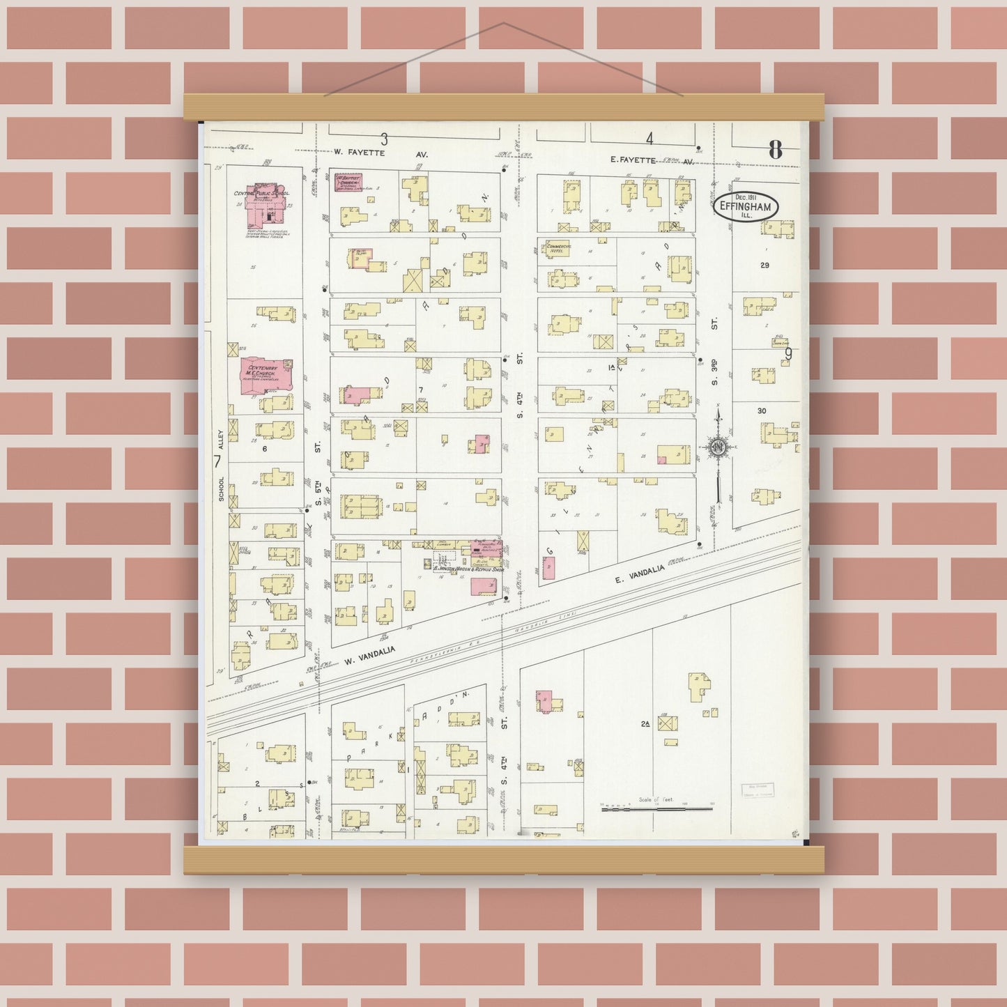 Old map wall art mockup — magnetic wood frame on brick wall — Sanborn Fire Insurance Map from Effingham, Effingham County, Illinois (1911), Sheet #0008