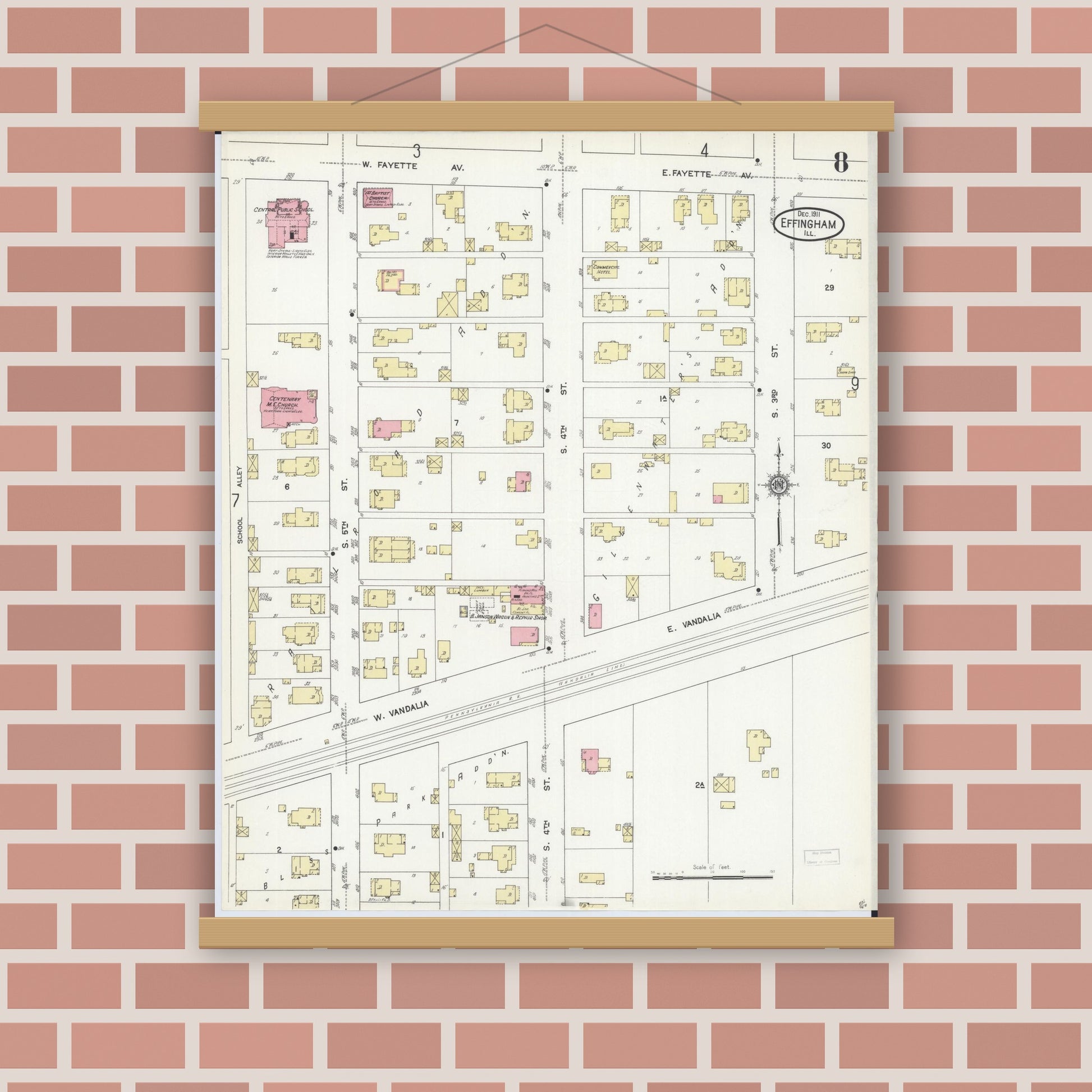Old map wall art mockup — magnetic wood frame on brick wall — Sanborn Fire Insurance Map from Effingham, Effingham County, Illinois (1911), Sheet #0008