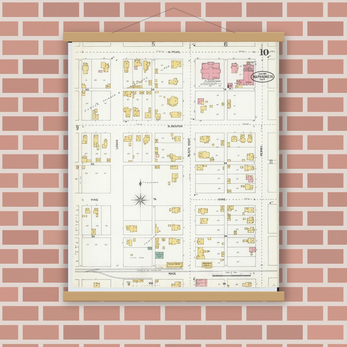 Old map wall art mockup — magnetic wood frame on brick wall — Sanborn Fire Insurance Map from Wapakoneta, Auglaize County, Ohio (1904), Sheet #0010