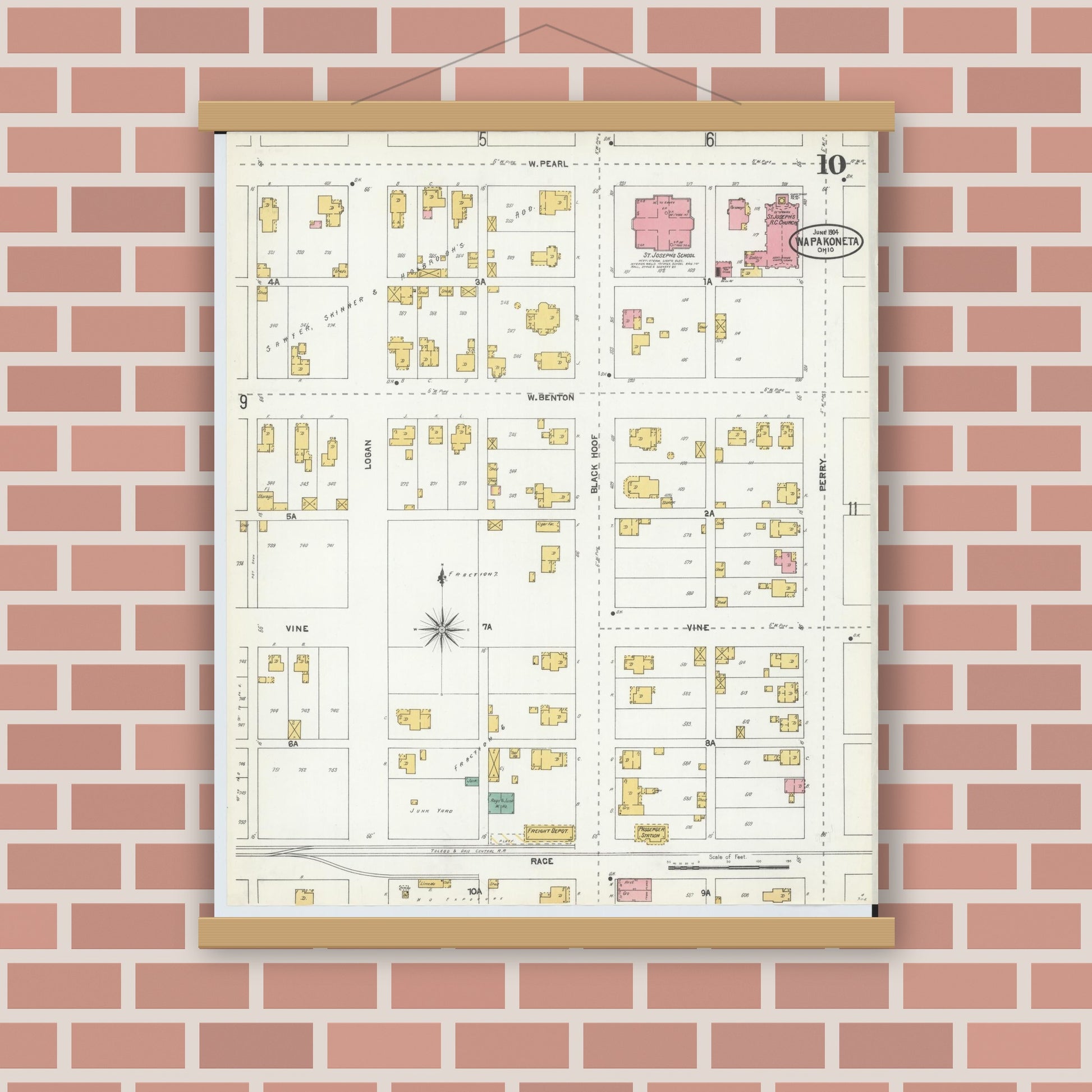 Old map wall art mockup — magnetic wood frame on brick wall — Sanborn Fire Insurance Map from Wapakoneta, Auglaize County, Ohio (1904), Sheet #0010