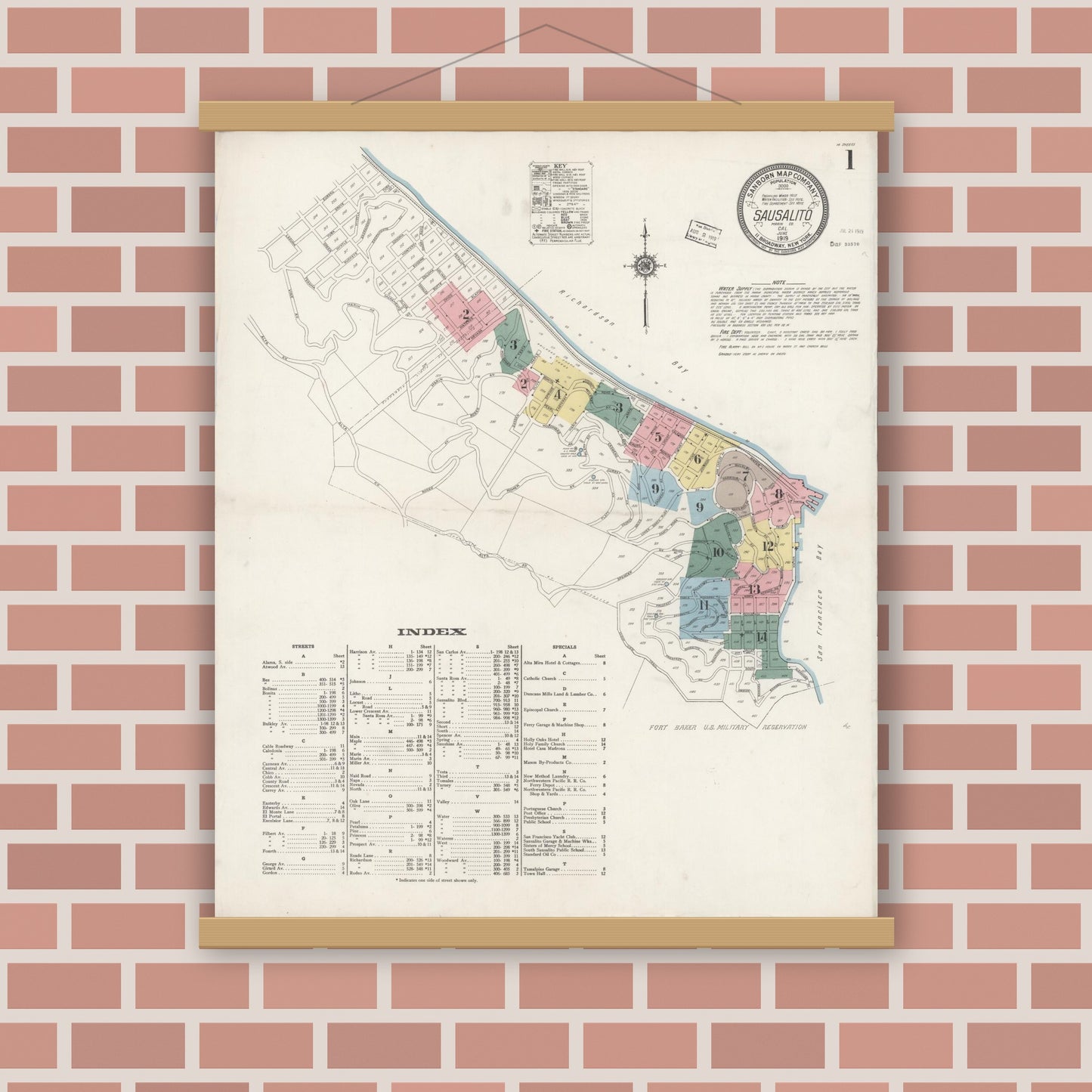 Old map wall art mockup — magnetic wood frame on brick wall — Sanborn Fire Insurance Map from Sausalito, Marin County, California (1919) - Complete Map Set