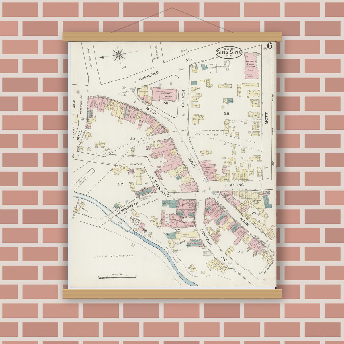 Old map wall art mockup — magnetic wood frame on brick wall — Sanborn Fire Insurance Map from Sing Sing, Westchester County, New York (1886), Sheet #0006