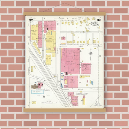 Old map wall art mockup — magnetic wood frame on brick wall — Sanborn Fire Insurance Map from Salem, Columbiana County, Ohio (1926), Sheet #0032