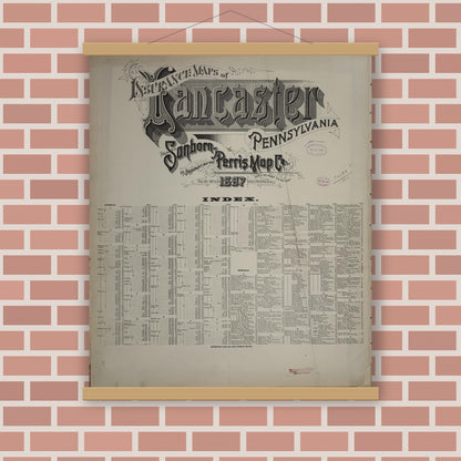 Old map wall art mockup — magnetic wood frame on brick wall — Sanborn Fire Insurance Map from Lancaster, Lancaster County, Pennsylvania (1897), Sheet #0001