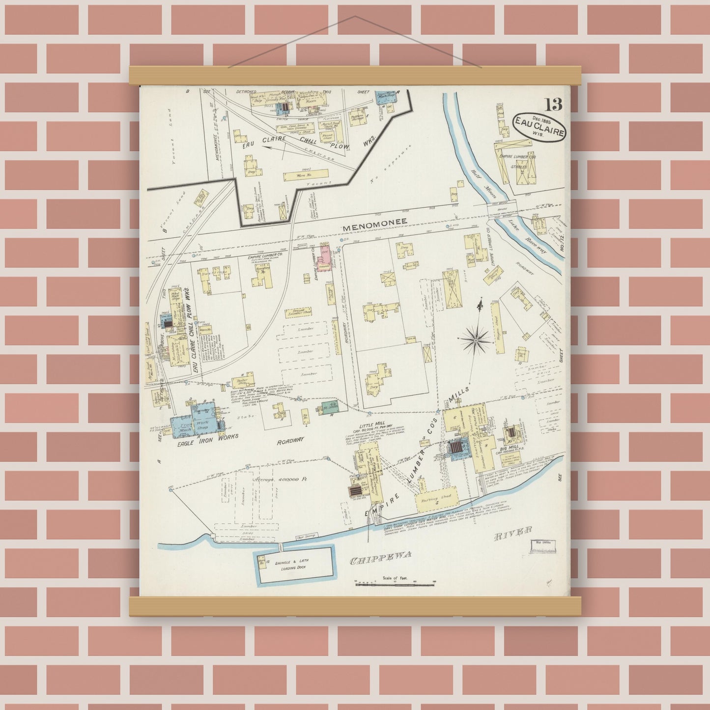 Old map wall art mockup — magnetic wood frame on brick wall — Sanborn Fire Insurance Map from Eau Claire, Eau Claire County, Wisconsin (1885), Sheet #0013