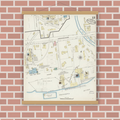 Old map wall art mockup — magnetic wood frame on brick wall — Sanborn Fire Insurance Map from Eau Claire, Eau Claire County, Wisconsin (1885), Sheet #0013