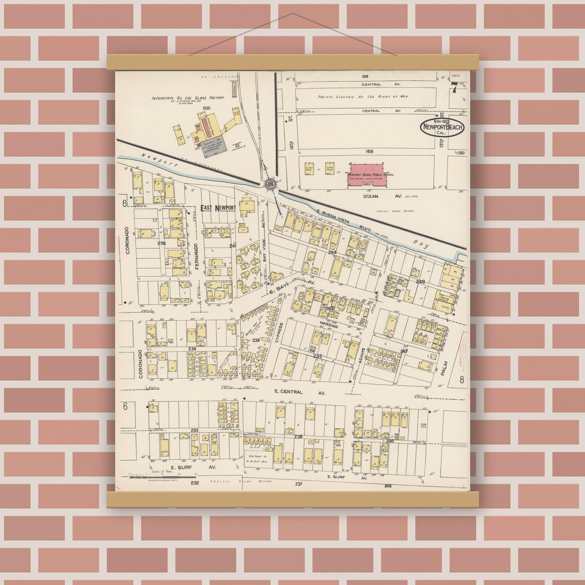 Old map wall art mockup — magnetic wood frame on brick wall — Sanborn Fire Insurance Map from Newport Beach, Orange County, California (1922), Sheet #0007