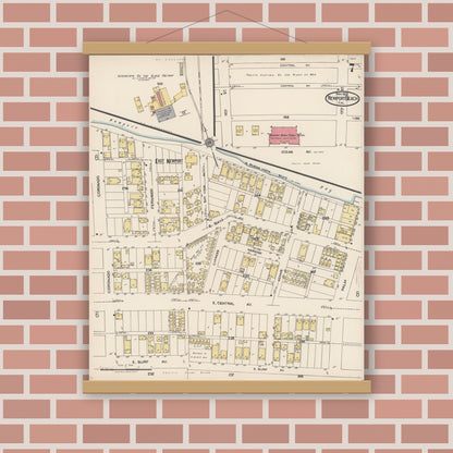 Old map wall art mockup — magnetic wood frame on brick wall — Sanborn Fire Insurance Map from Newport Beach, Orange County, California (1922), Sheet #0007