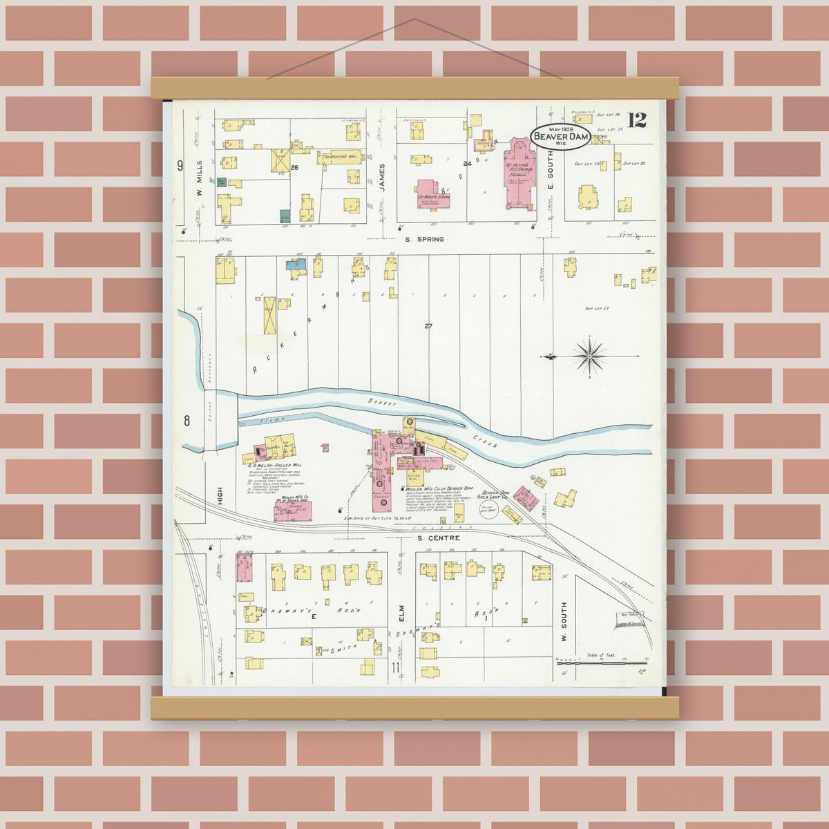Old map wall art mockup — magnetic wood frame on brick wall — Sanborn Fire Insurance Map from Beaver Dam, Dodge County, Wisconsin (1909), Sheet #0012