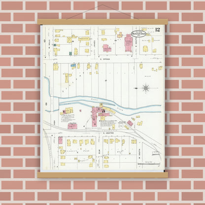 Old map wall art mockup — magnetic wood frame on brick wall — Sanborn Fire Insurance Map from Beaver Dam, Dodge County, Wisconsin (1909), Sheet #0012
